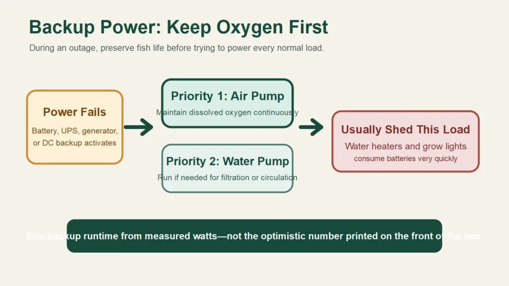 Diagram showing air pump as the first backup power priority during an aquaponics outage