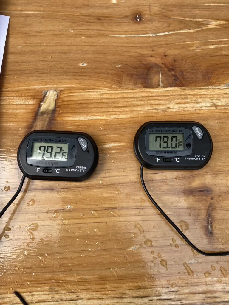 Two digital thermometers comparing aquaponics water temperature readings