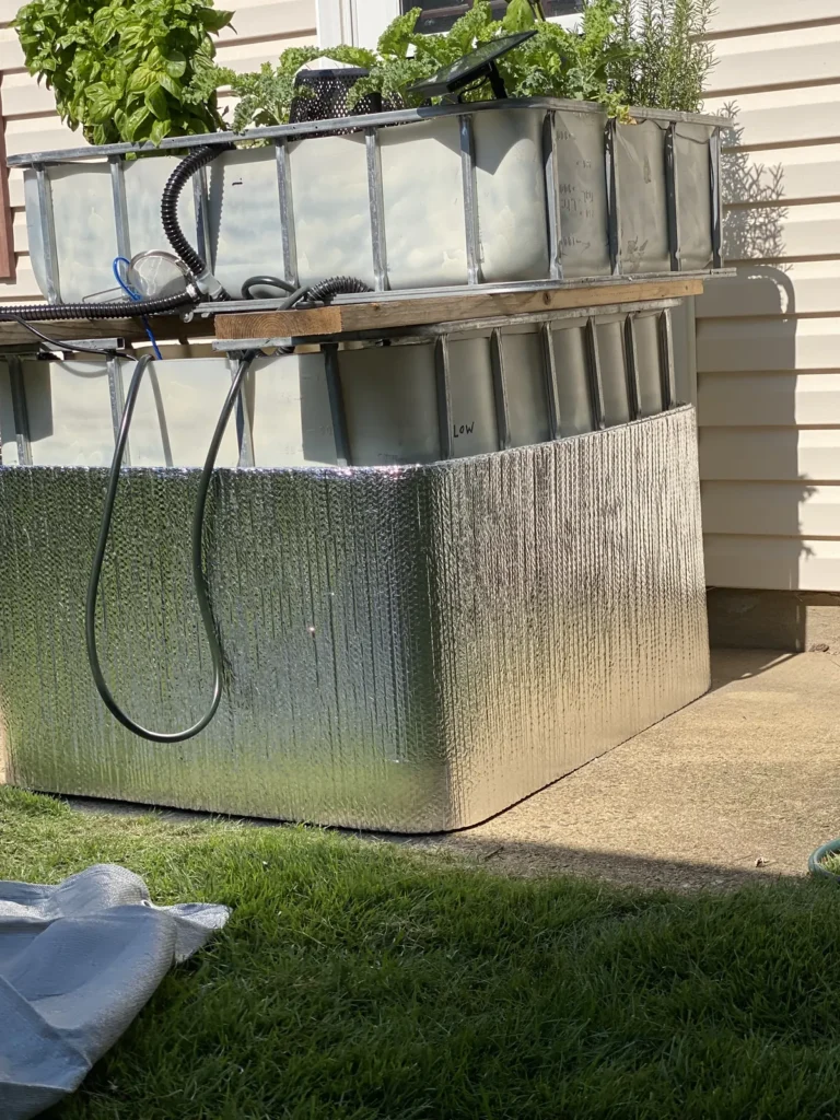 IBC aquaponics fish tank wrapped in reflective insulation
