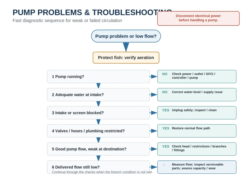 Aquaponics pump troubleshooting flowchart covering aeration, pump power, intake water, blockages, plumbing restrictions, head loss, actual flow, and pump wear.