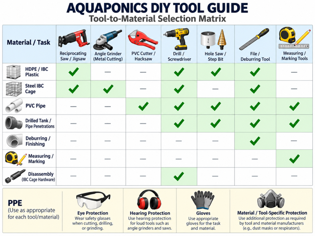 Tool-to-material matrix for aquaponics DIY construction showing suitable tool categories for IBC plastic, steel cage, PVC, penetrations, finishing, measuring, and clamping, plus PPE reminders.