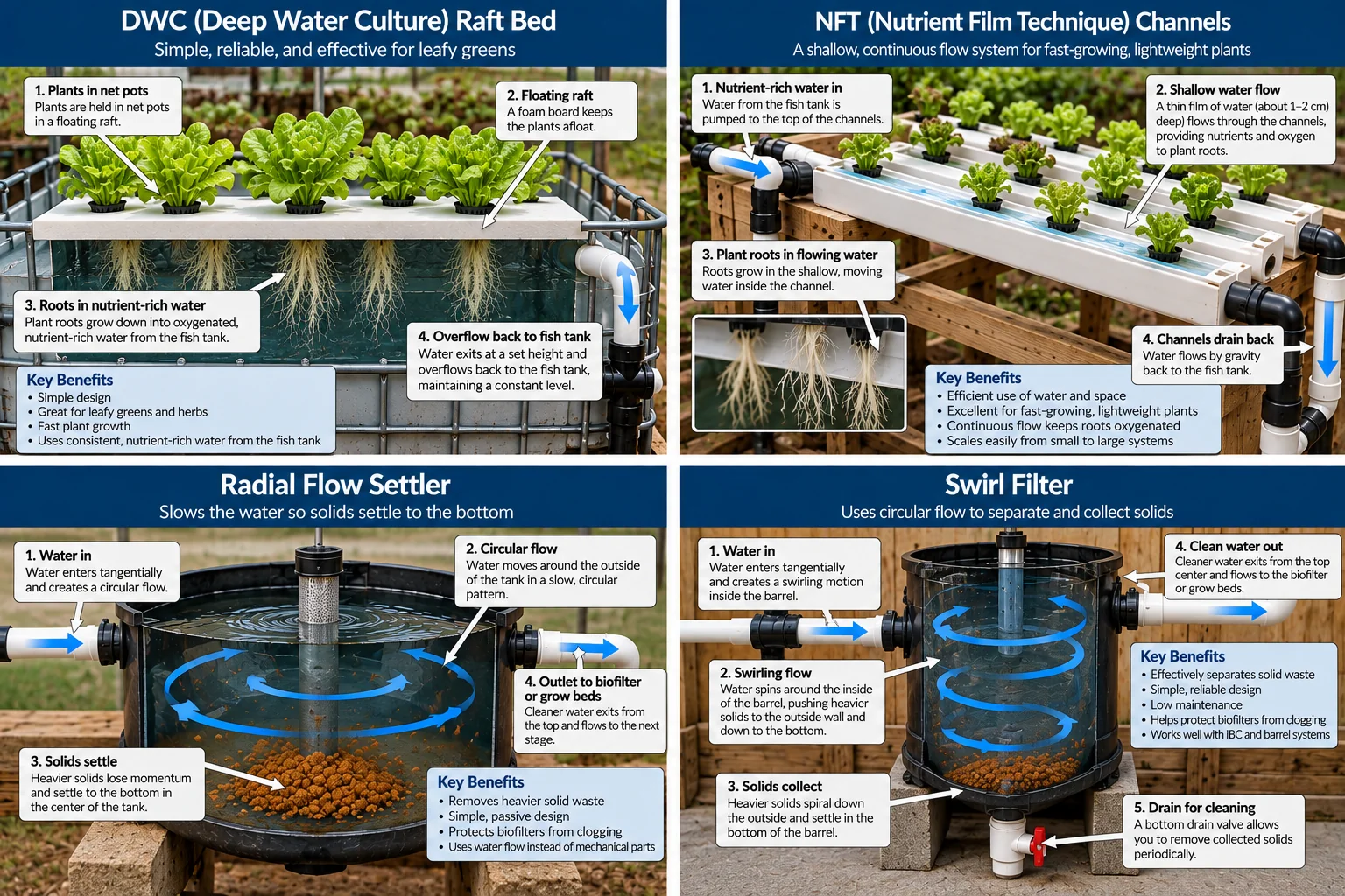 Aquaponics diagram comparing DWC, NFT, radial-flow and swirl filtration